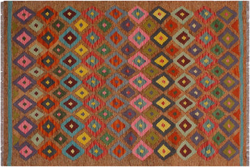 Flat Weave Kilim, Antique, Navaho, Vintage, Handmade, Modern Kilim Brown Pink Hand-Woven Rectangle 100% Wool Area Rug 5 x 6
